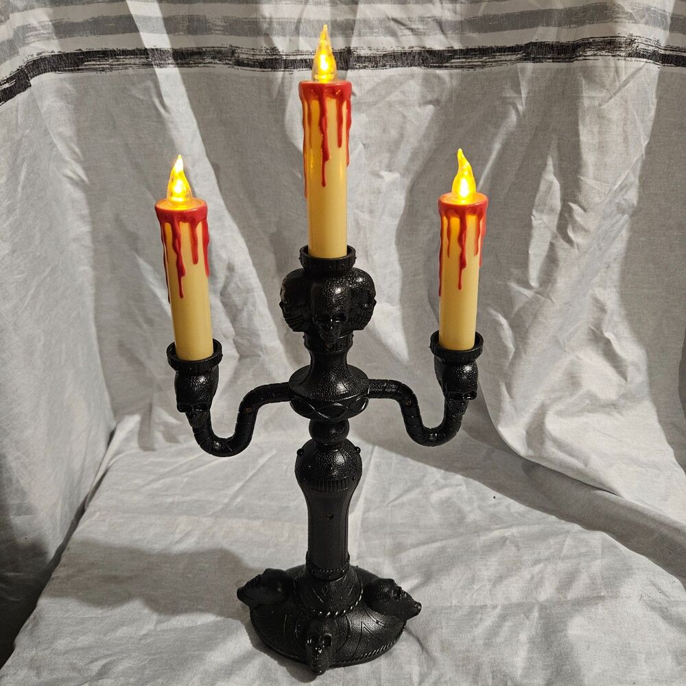 Halloween Skull Candelabra 3 Arm LED Flicker Candles Gothic Decor Black